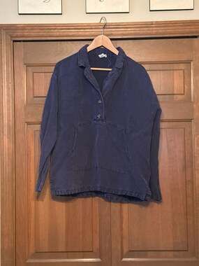 Nicole Miller New York Linen Blend Blue Henley Popover Pullover Top